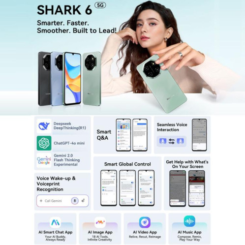 Blackview SHARK 6 5G, 4 Go + 128 Go, écran 6,88 pouces, Android 15, processeur Unisoc UMS9620 T8100 Octa Core, réseau : 5G, NFC, OTG (Phantom Black) SB926B258-033